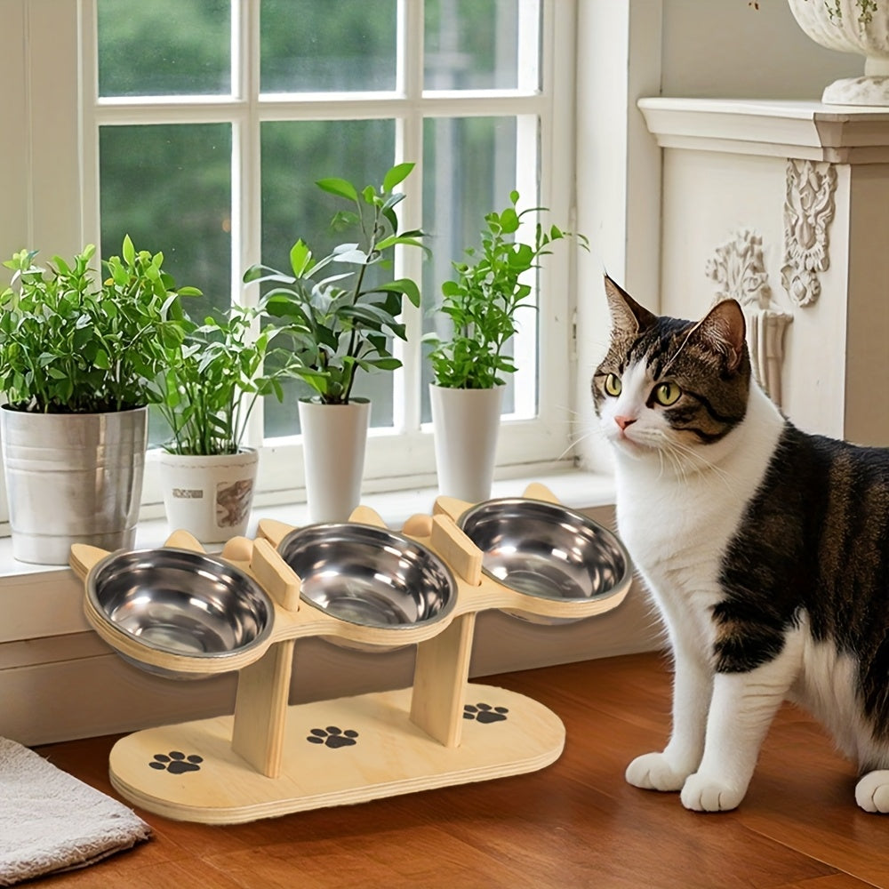 Station d’Alimentation Élevée Triple pour Chats – Bois & Inox