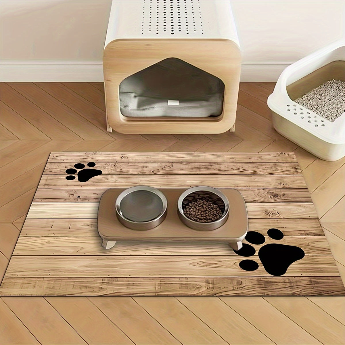 Tapis gamelle en diatomite effet bois pour chien et chat