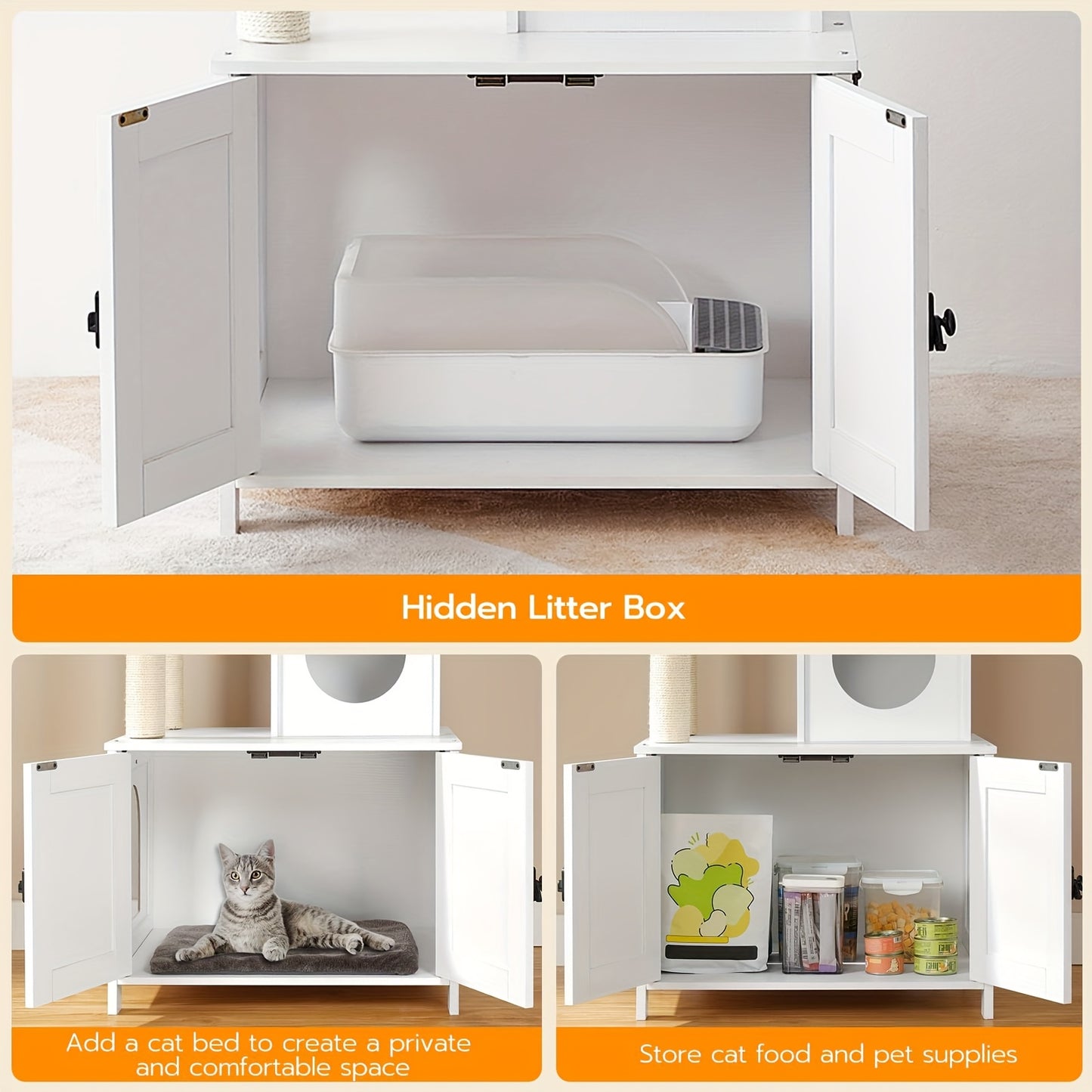 Arbre à Chat Blanc Multi-Niveaux avec Meuble Litière Intégré