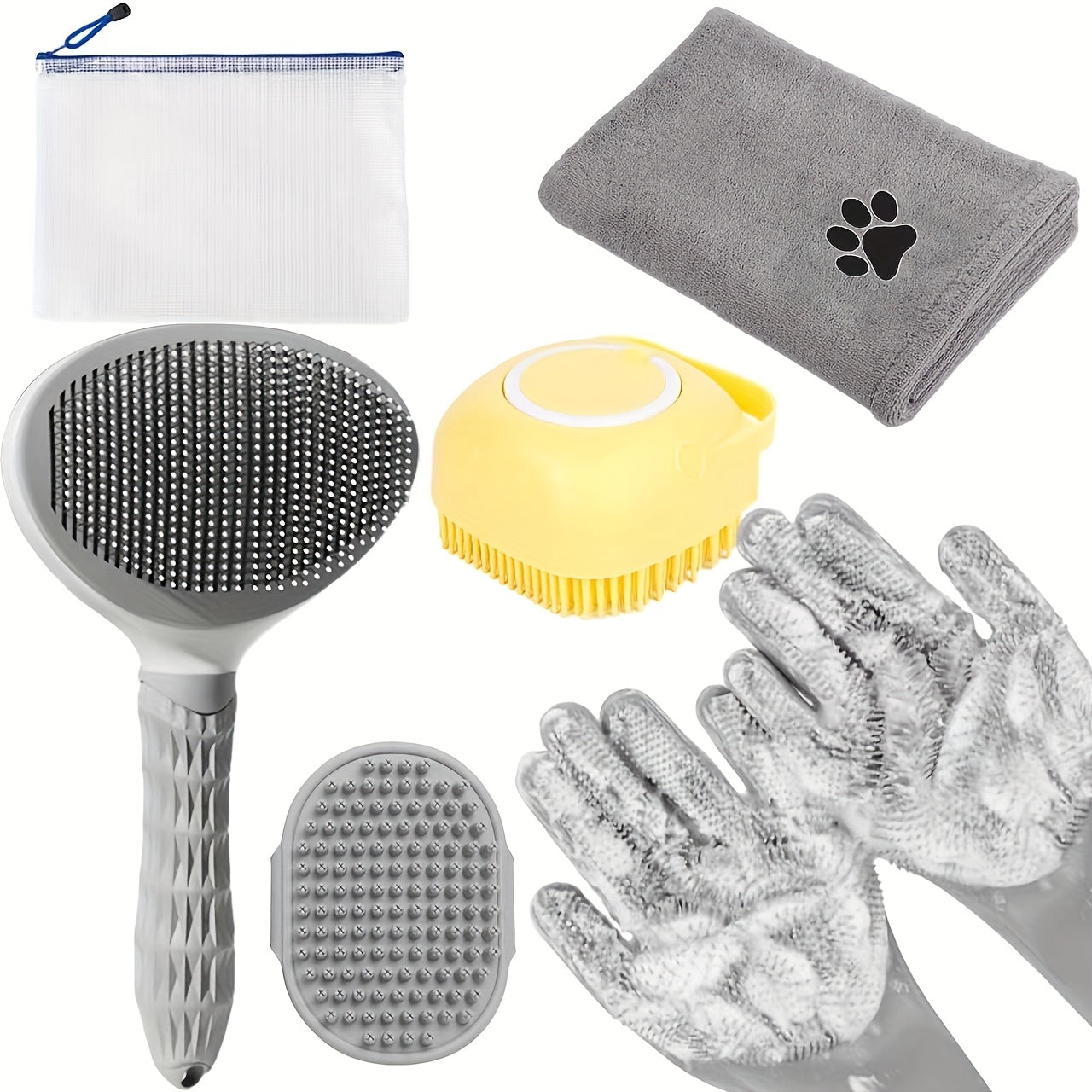 Kit de Toilettage 6-en-1 pour Chiens et Chats – Brosse, Gants, Serviette & Accessoires