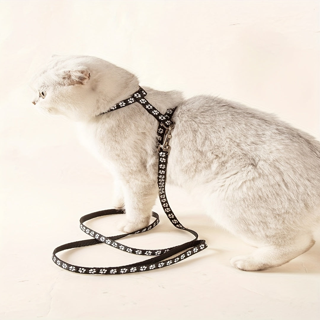 Harnais et Laisse Noirs à Motifs Pattes pour Chats