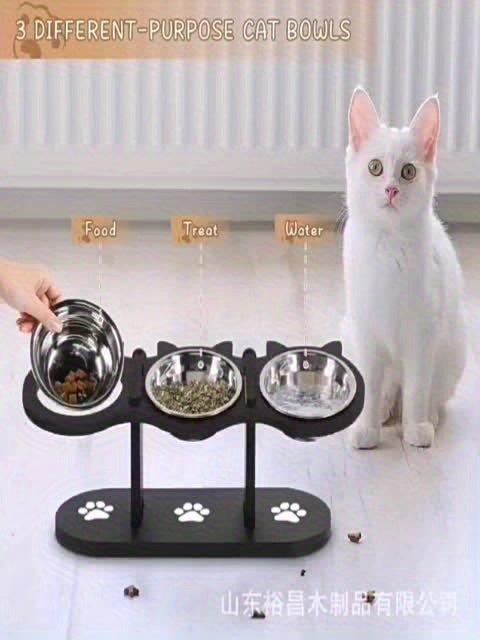 Station d’Alimentation Élevée Triple pour Chats – Bois & Inox