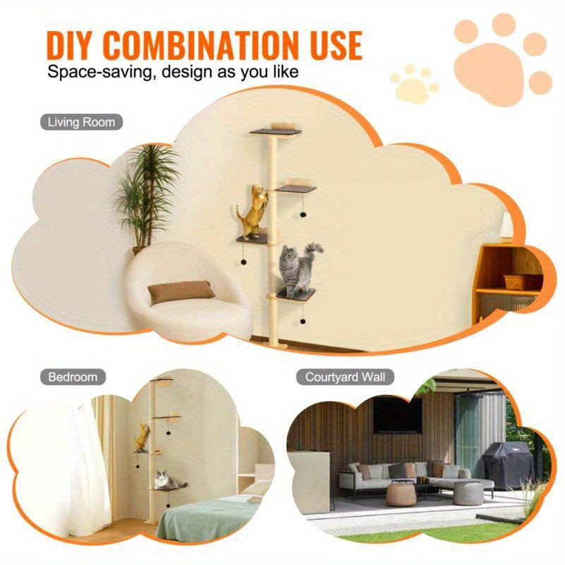 Arbre à Chat Mural Multi-Niveaux avec Plateformes et Poteaux à Griffer