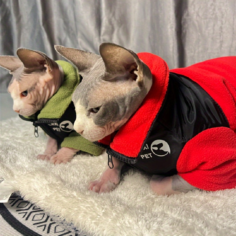 Veste Zippée Épaisse pour Chats Sans Poils – Manteau Chaud Rouge & Noir pour Automne/Hiver