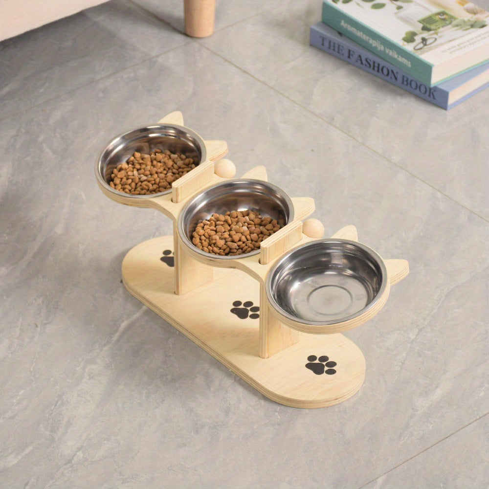 Station d’Alimentation Élevée Triple pour Chats – Bois & Inox