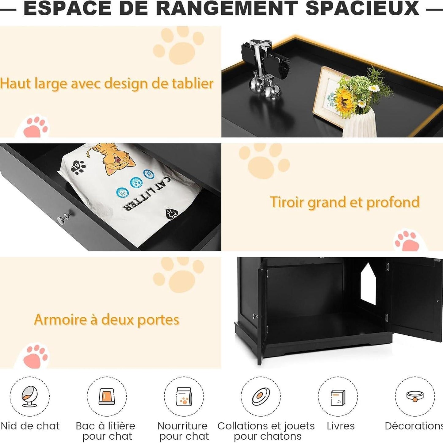 Meuble Cache-Litière XXL avec Tiroir et Portes – Noir