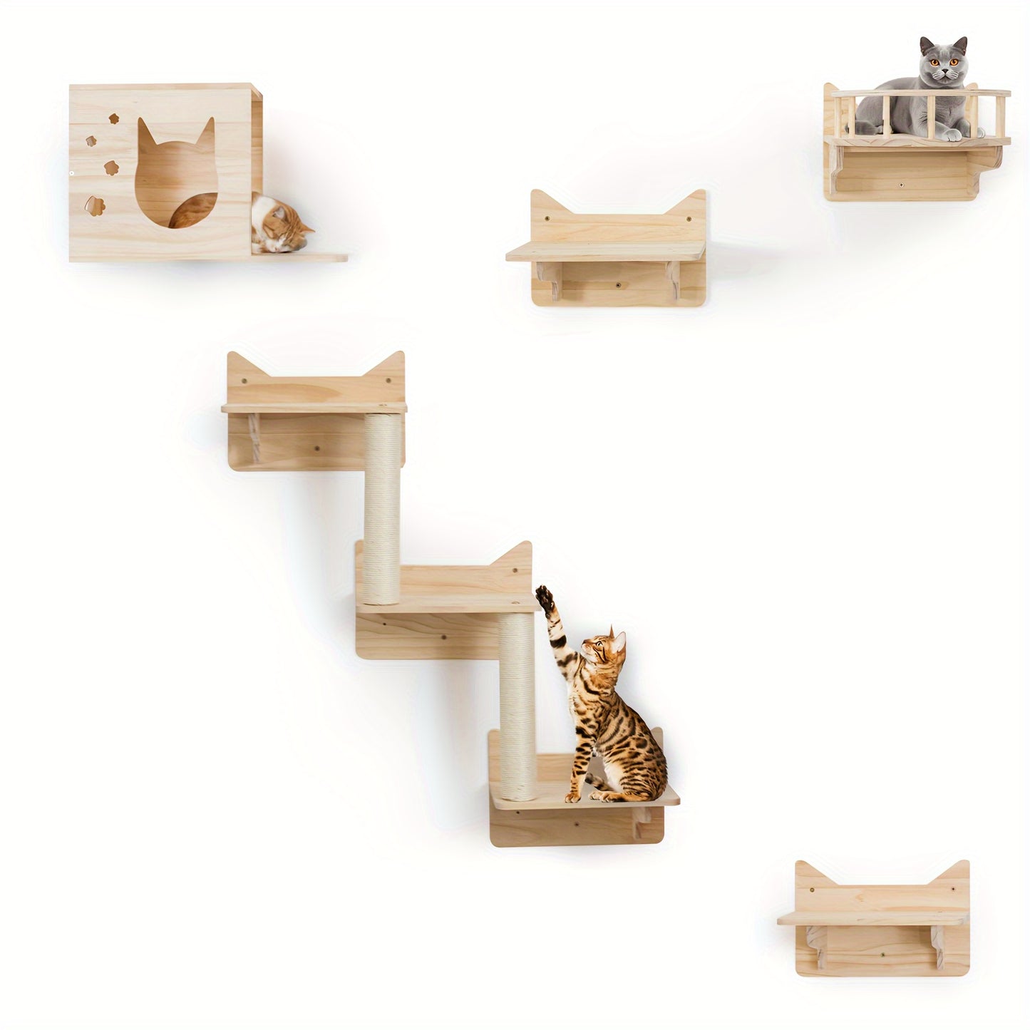 Ensemble de 5 Étagères Murales pour Chat en Bois de Pin