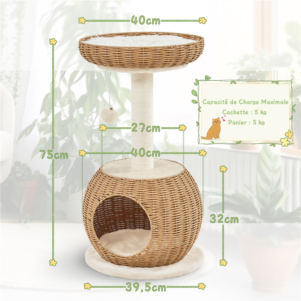 Arbre à Chat en Rotin avec Niche Ronde et Panier Supérieur