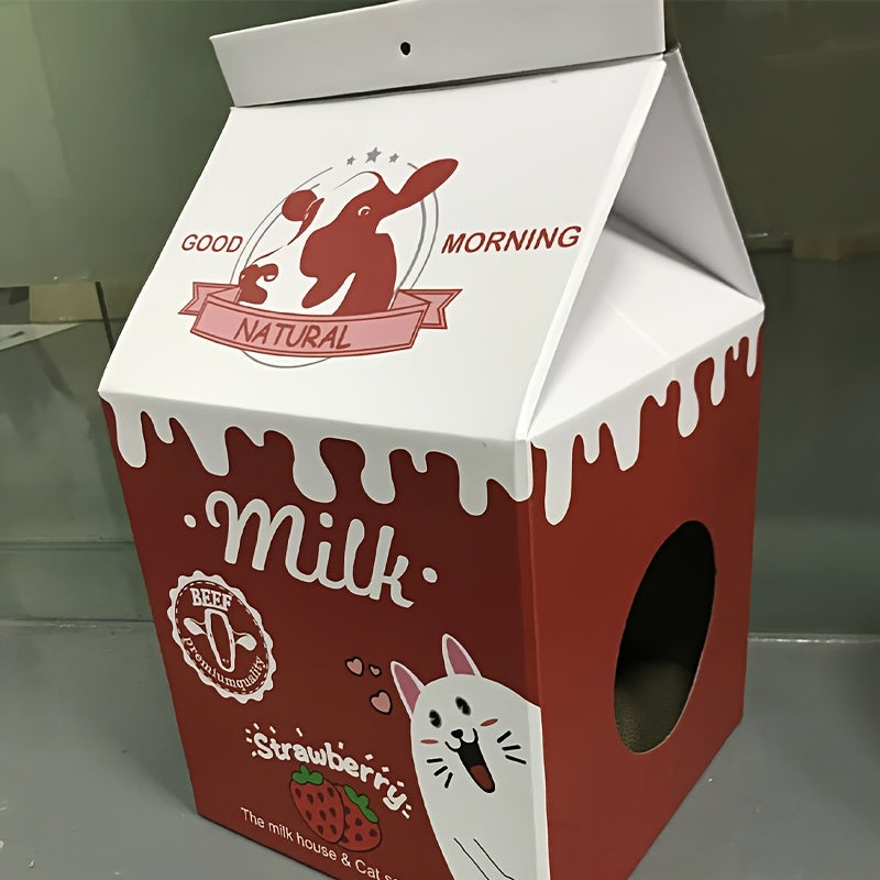 Maison en Carton "Brique de Lait Fraise" avec Griffoir pour Chat