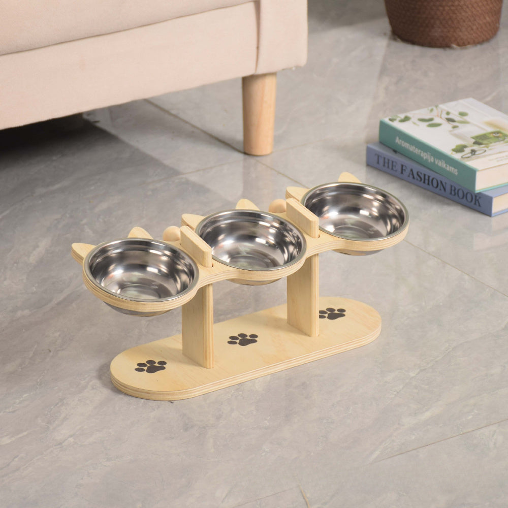 Station d’Alimentation Élevée Triple pour Chats – Bois & Inox