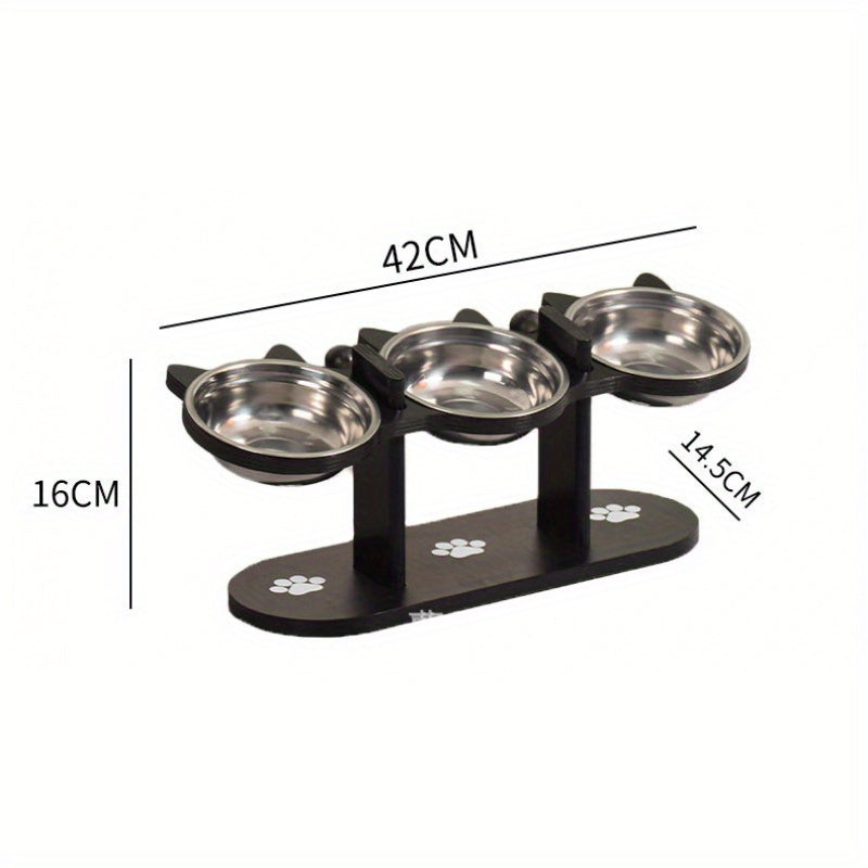 Station d’Alimentation Élevée Triple pour Chats – Bois & Inox