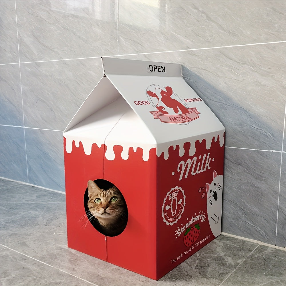 Maison en Carton "Brique de Lait Fraise" avec Griffoir pour Chat