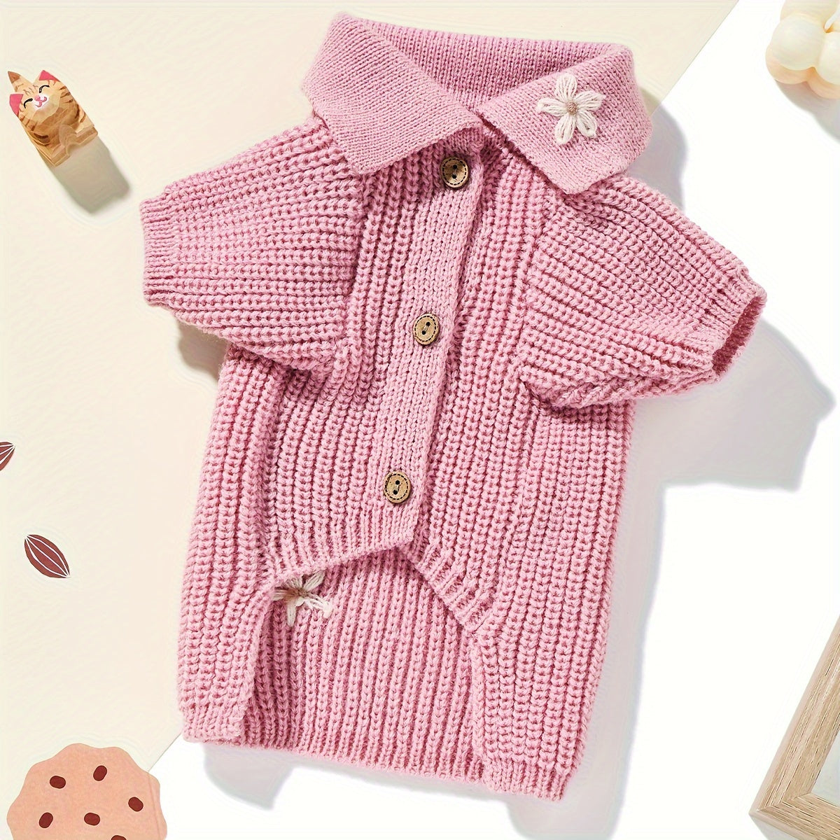 Pull Tricoté avec Boutons Fleur pour Chiens et Chats – Cardigan Rose ou Bleu à Col Replié