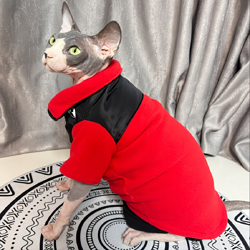 Veste Zippée Épaisse pour Chats Sans Poils – Manteau Chaud Rouge & Noir pour Automne/Hiver
