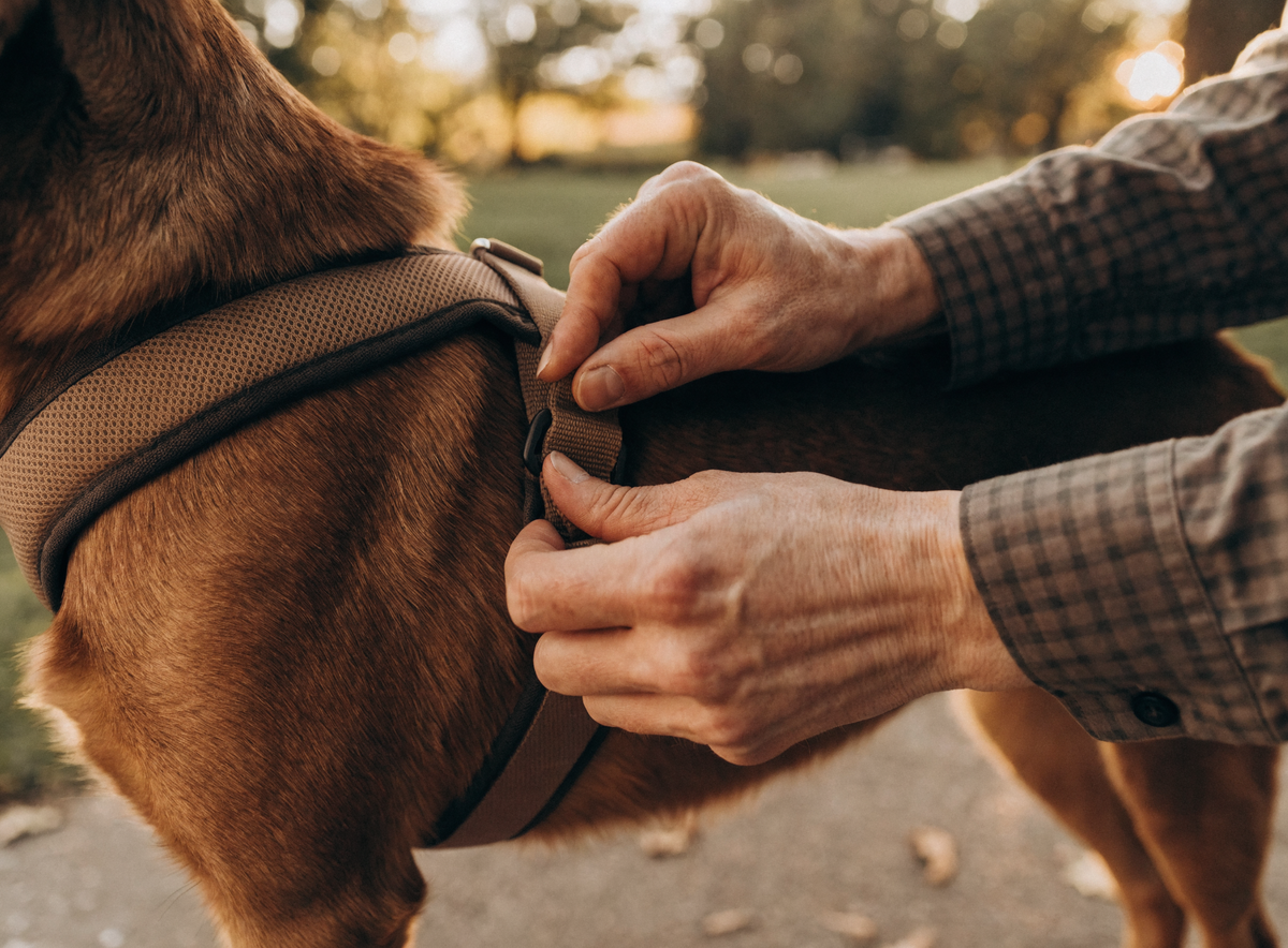 Deux mains ajustant la sangle de poitrail d'un harnais matelassé sur un chien brun, en extérieur