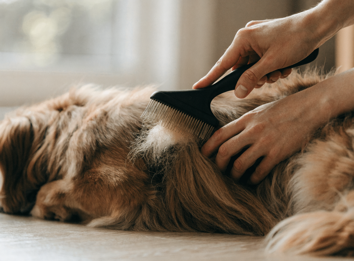 Une main brossant un chien à poil long avec une brosse à picots, les poils morts restant dans la brosse