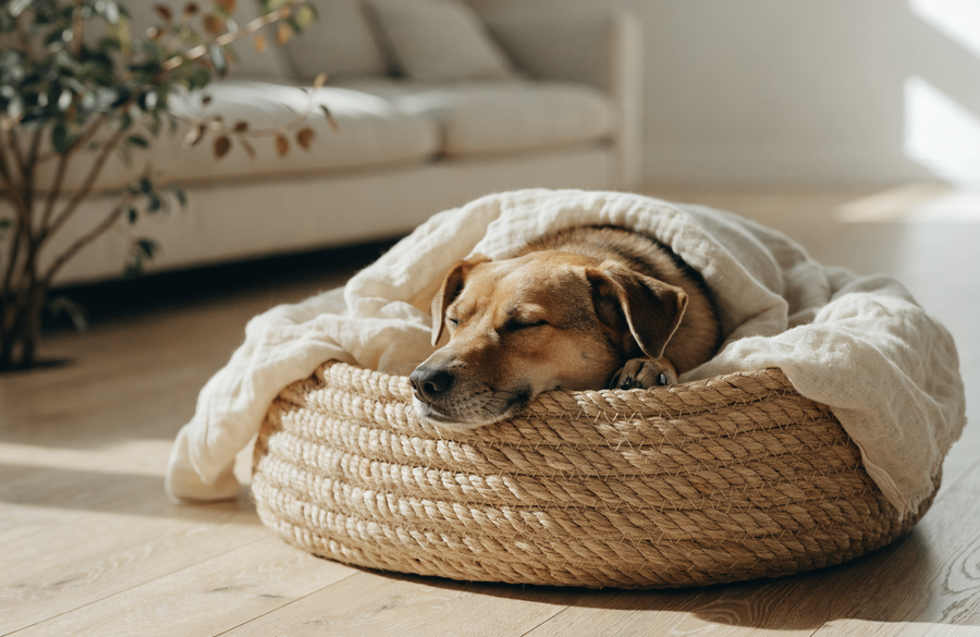 Un chien endormi dans un panier en osier garni d'un plaid crème, sur un parquet clair