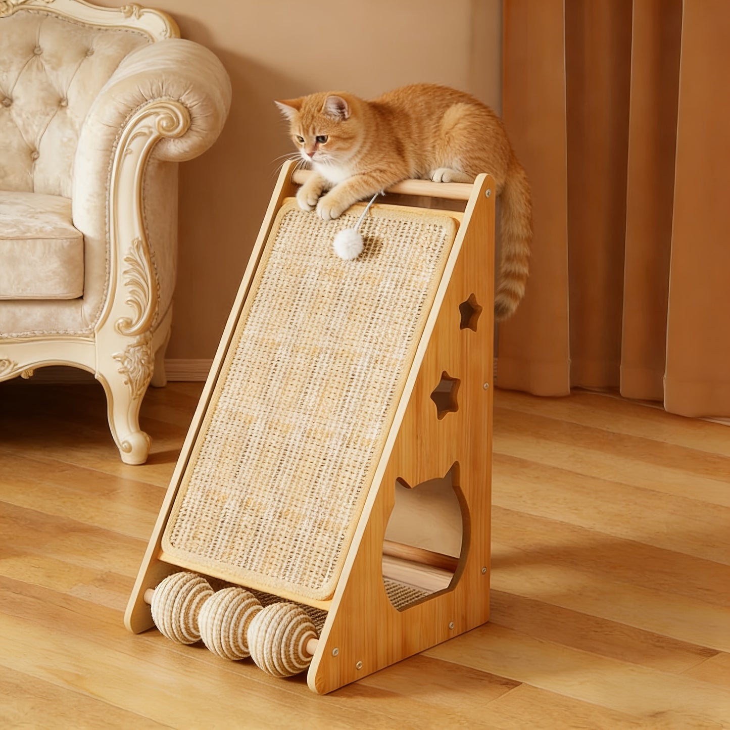 Arbre à chat avec lit et balle en sisal, présentation du produit