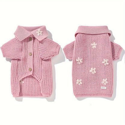 Pull Tricoté avec Boutons Fleur pour Chiens et Chats – Cardigan Rose ou Bleu à Col Replié