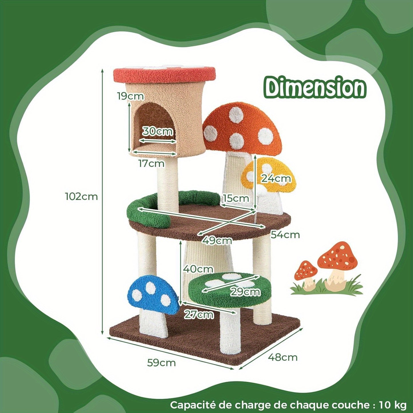 Arbre à Chat en Forme de Champignon 4 en 1 avec Niche et Poteau à Griffer en Sisal