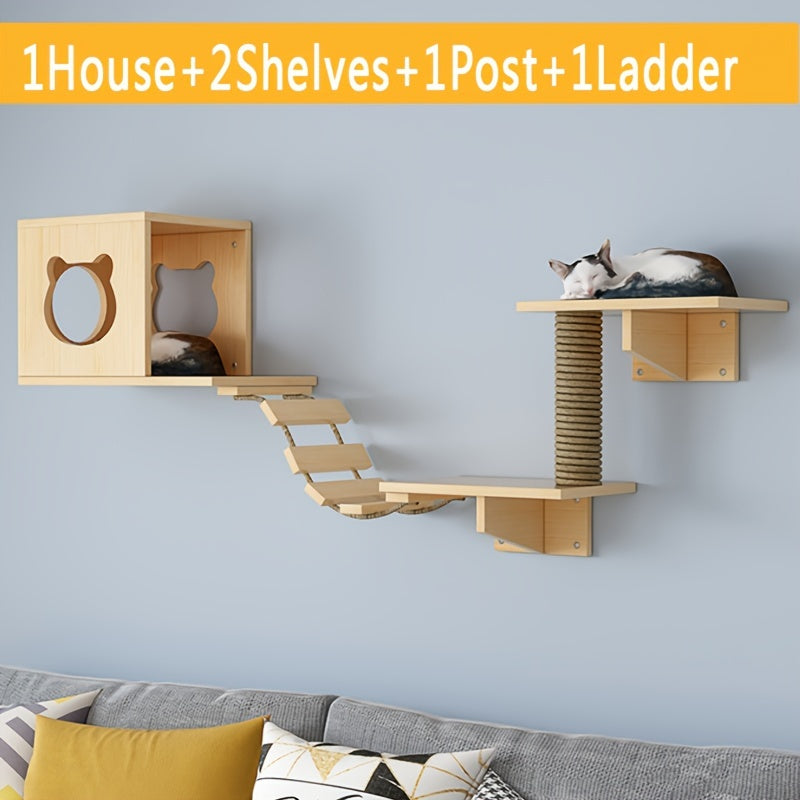 Ensemble Mural pour Chat avec Maison, Étagères, Griffoir et Pont en Bois