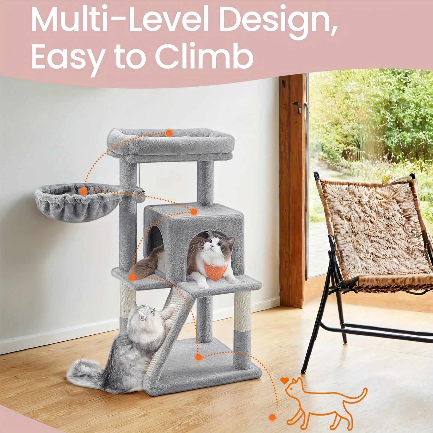 Arbre à Chat Compact Multi-Niveaux avec Perchoir et Hamac