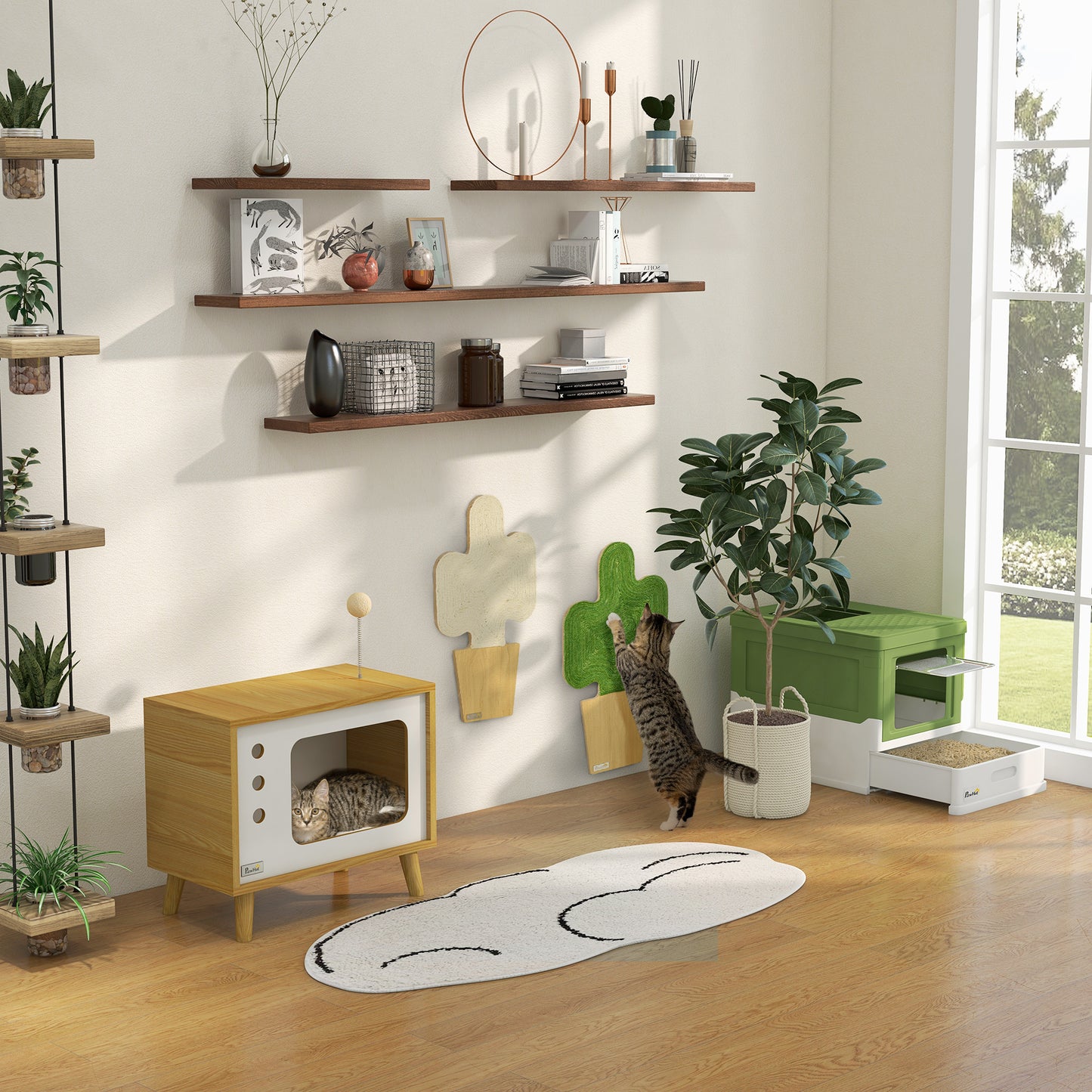 Maison pour Chat Forme TV avec Coussin Douillet et Balle Suspendue