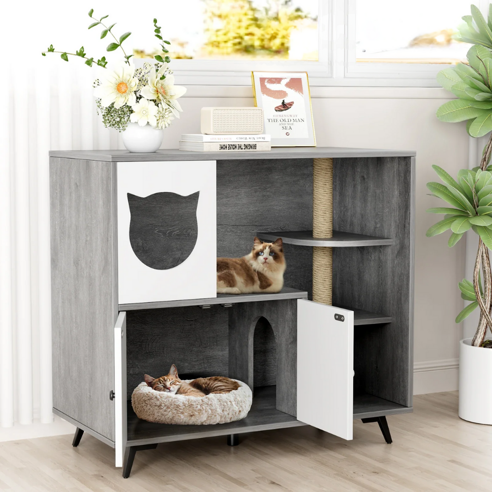 Meuble Cache-Litière XXL avec Étagères et Griffoir – Gris et Blanc