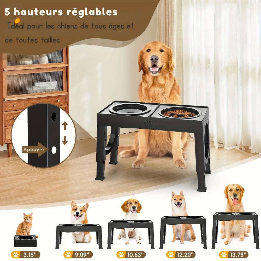 Gamelle double surélevée avec hauteur réglable pour chien