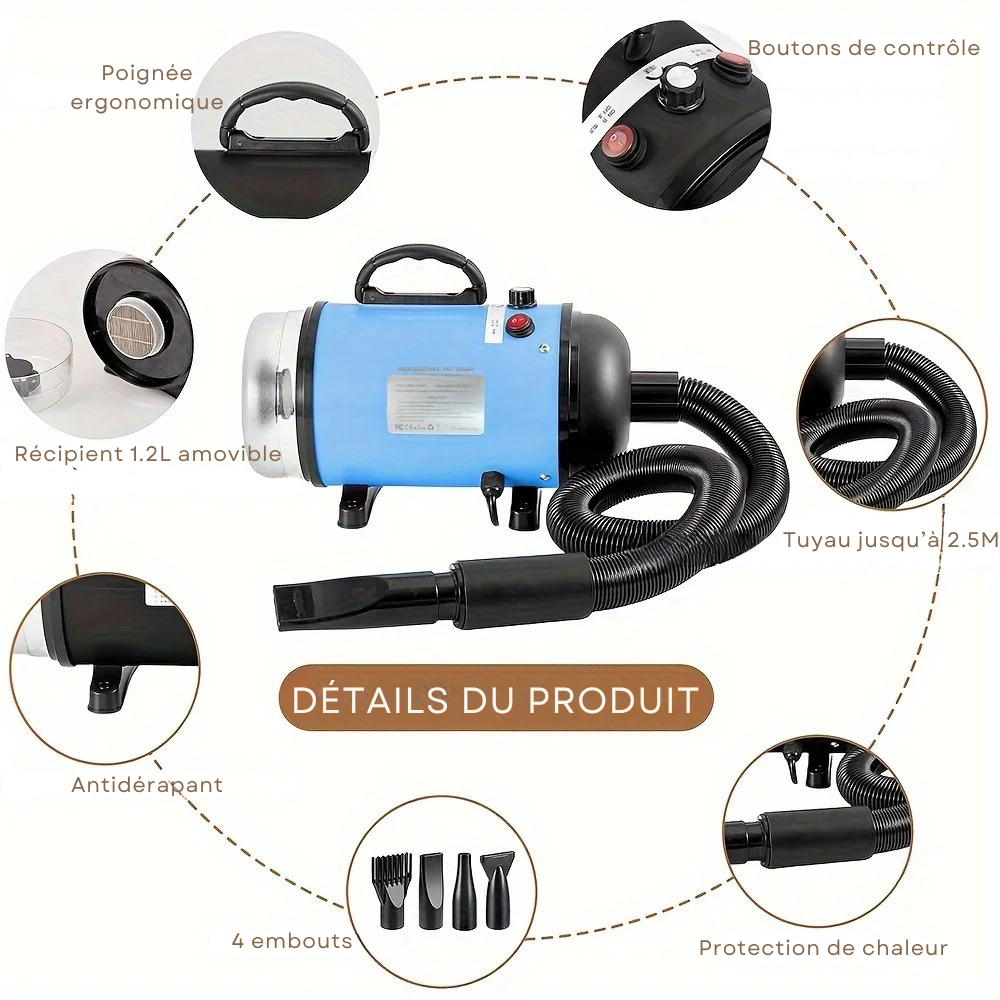 Pulseur Professionnel Silencieux – 4 Embouts & Tuyau 2,5 m