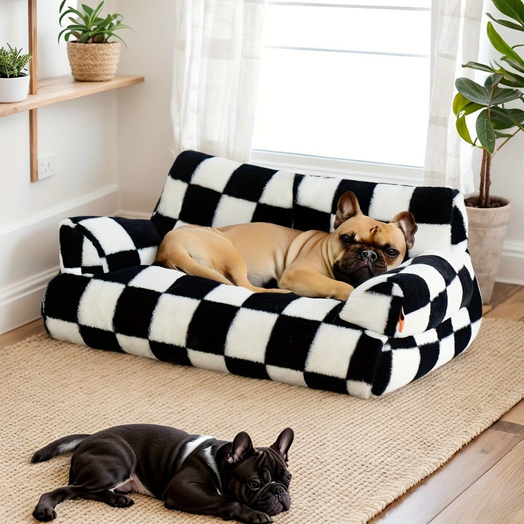 Canapé en peluche à carreaux pour chien et chat