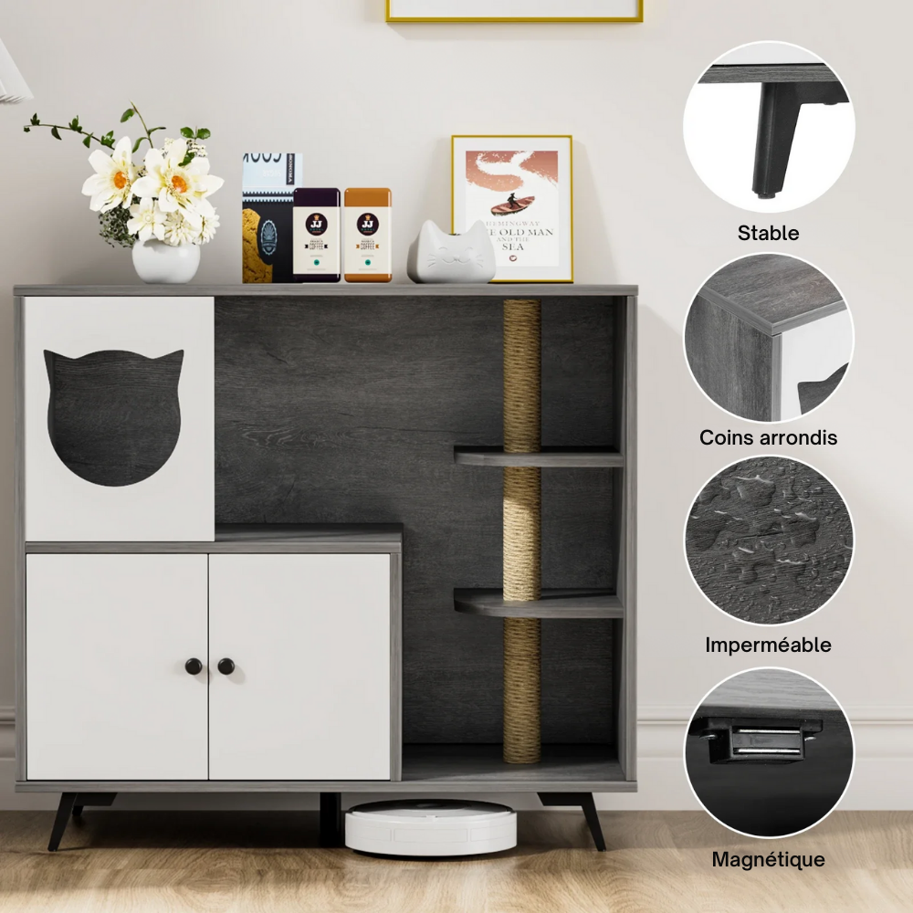 Meuble Cache-Litière XXL avec Étagères et Griffoir – Gris et Blanc