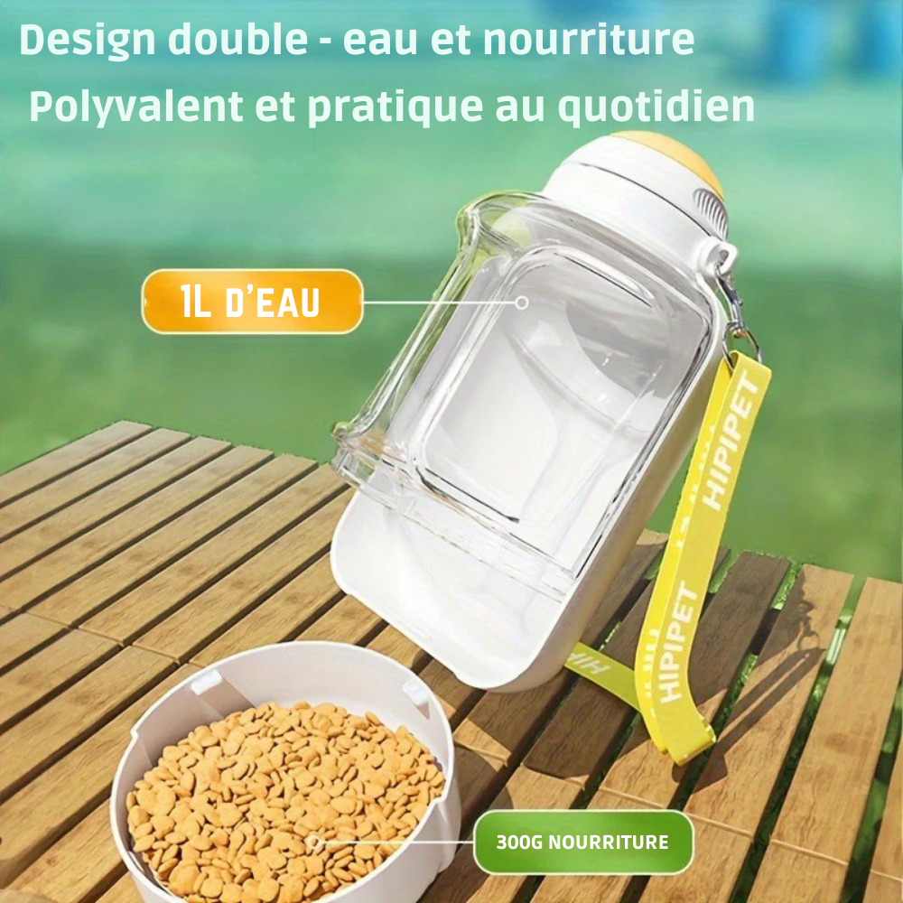Gourde portable 2-en-1 pour eau et croquettes (1000ml + 300g)