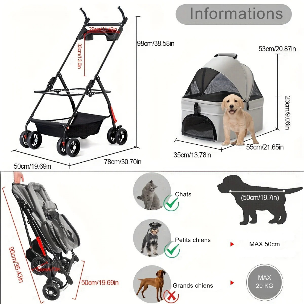 Poussette Pliable avec Panier Détachable pour Animaux