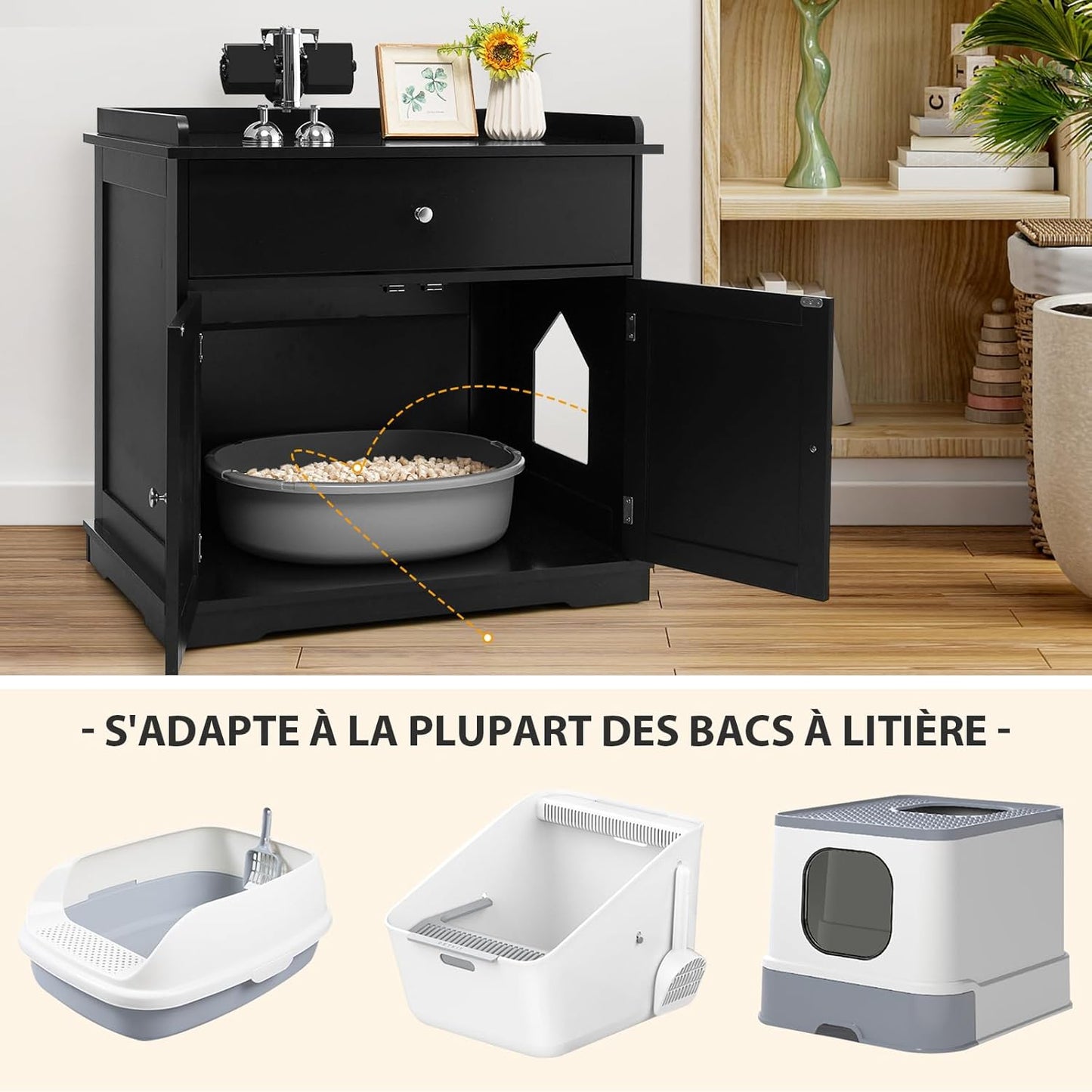 Meuble Cache-Litière XXL avec Tiroir et Portes – Noir