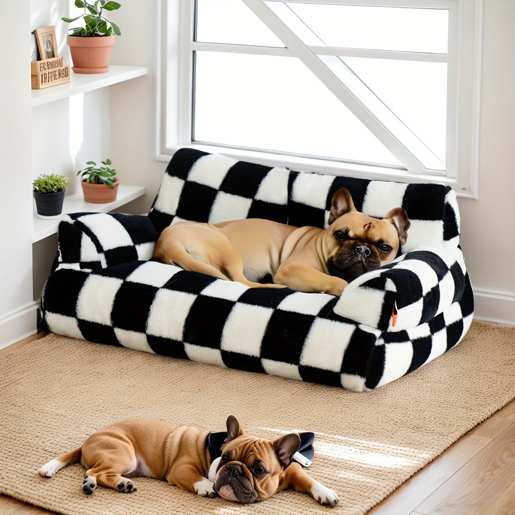 Canapé en peluche à carreaux pour chien et chat