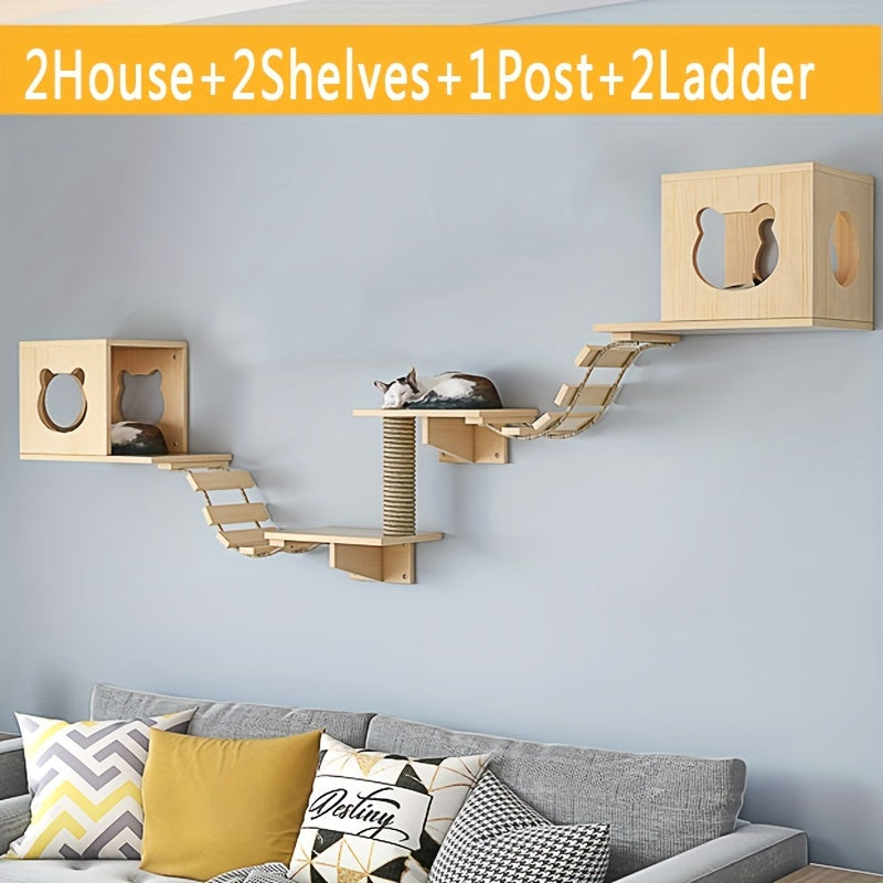 Ensemble Mural pour Chat avec Maison, Étagères, Griffoir et Pont en Bois