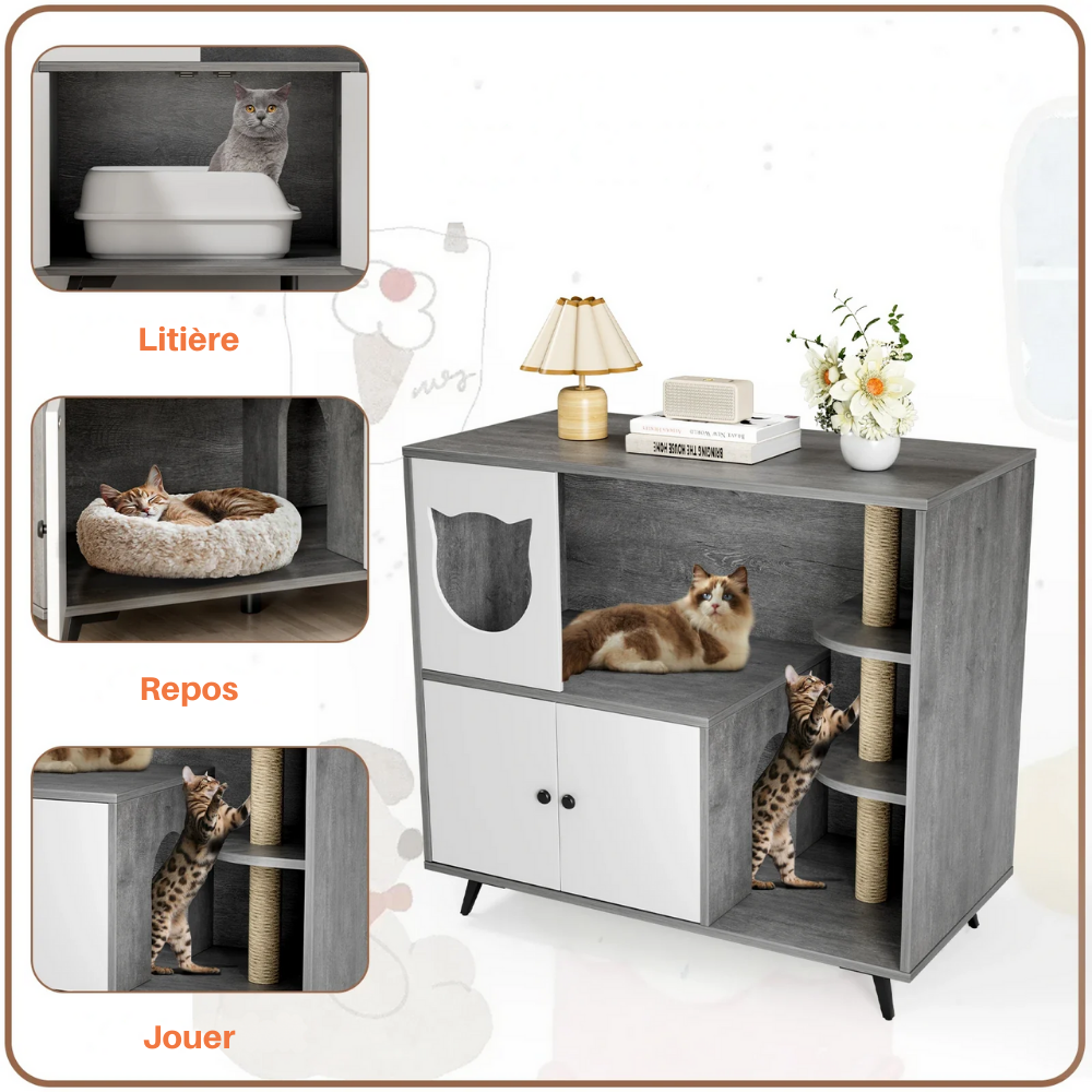 Meuble Cache-Litière XXL avec Étagères et Griffoir – Gris et Blanc