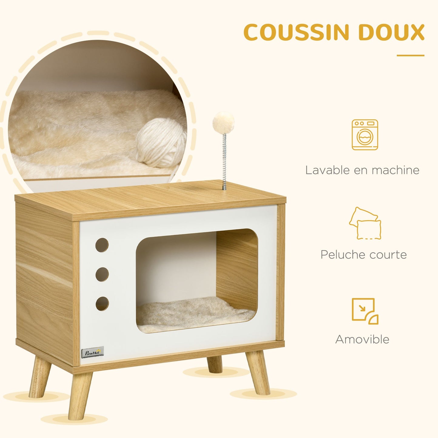 Maison pour Chat Forme TV avec Coussin Douillet et Balle Suspendue
