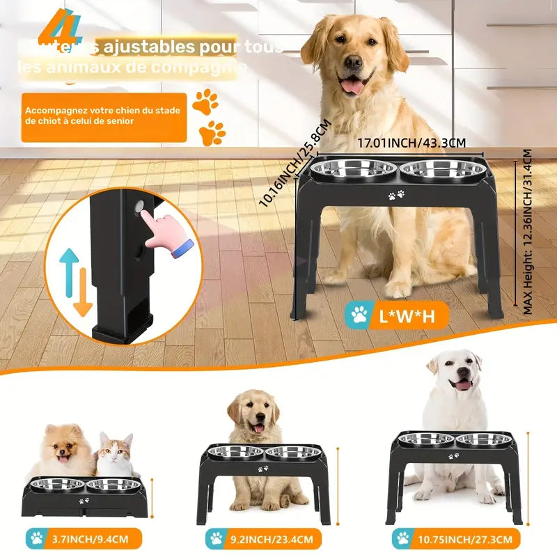 Gamelle surélevée ajustable avec double bol inox pour chien