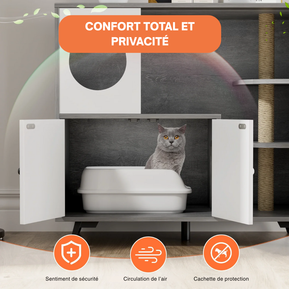 Meuble Cache-Litière XXL avec Étagères et Griffoir – Gris et Blanc