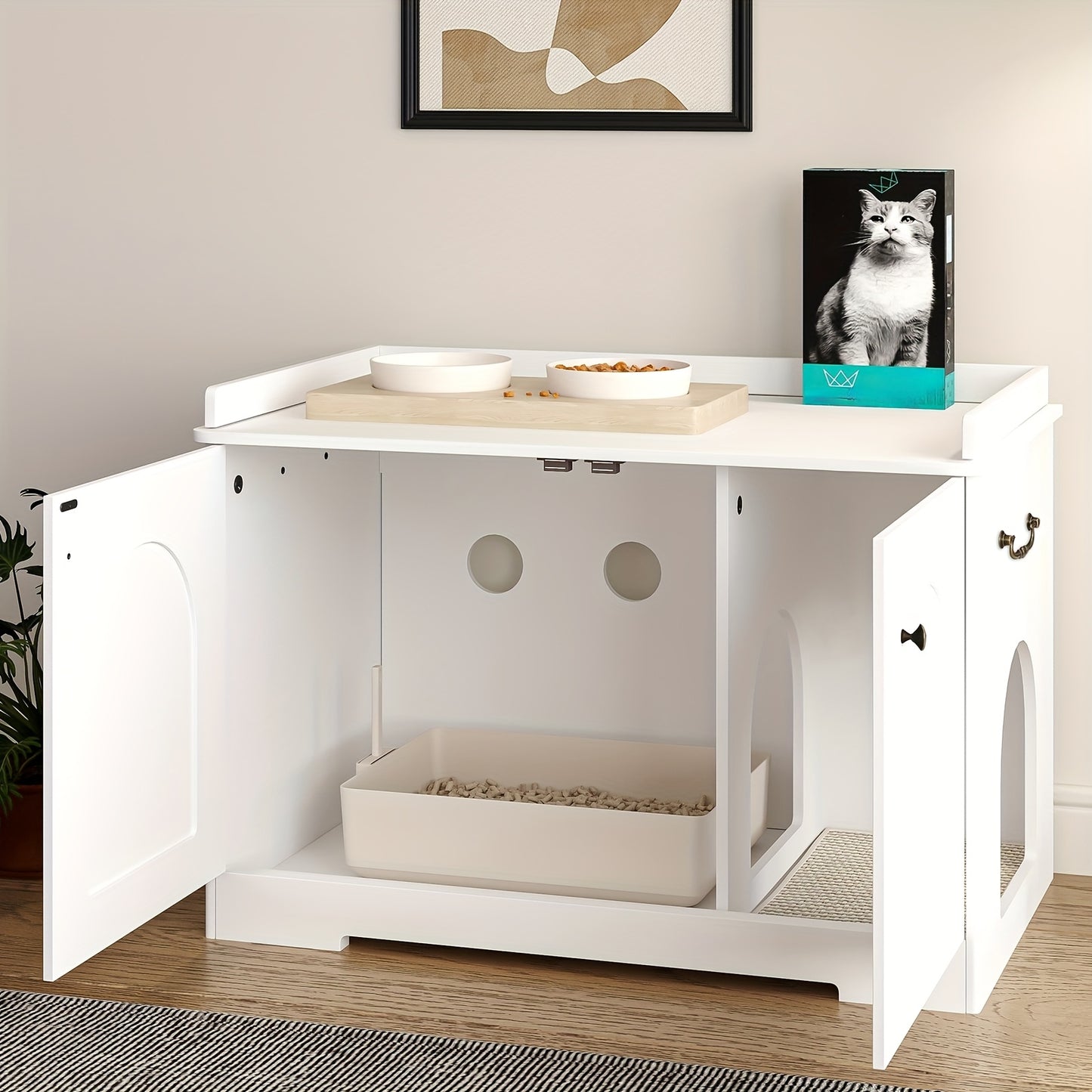 Meuble Cache-Litière avec Poignées – Blanc 80 cm