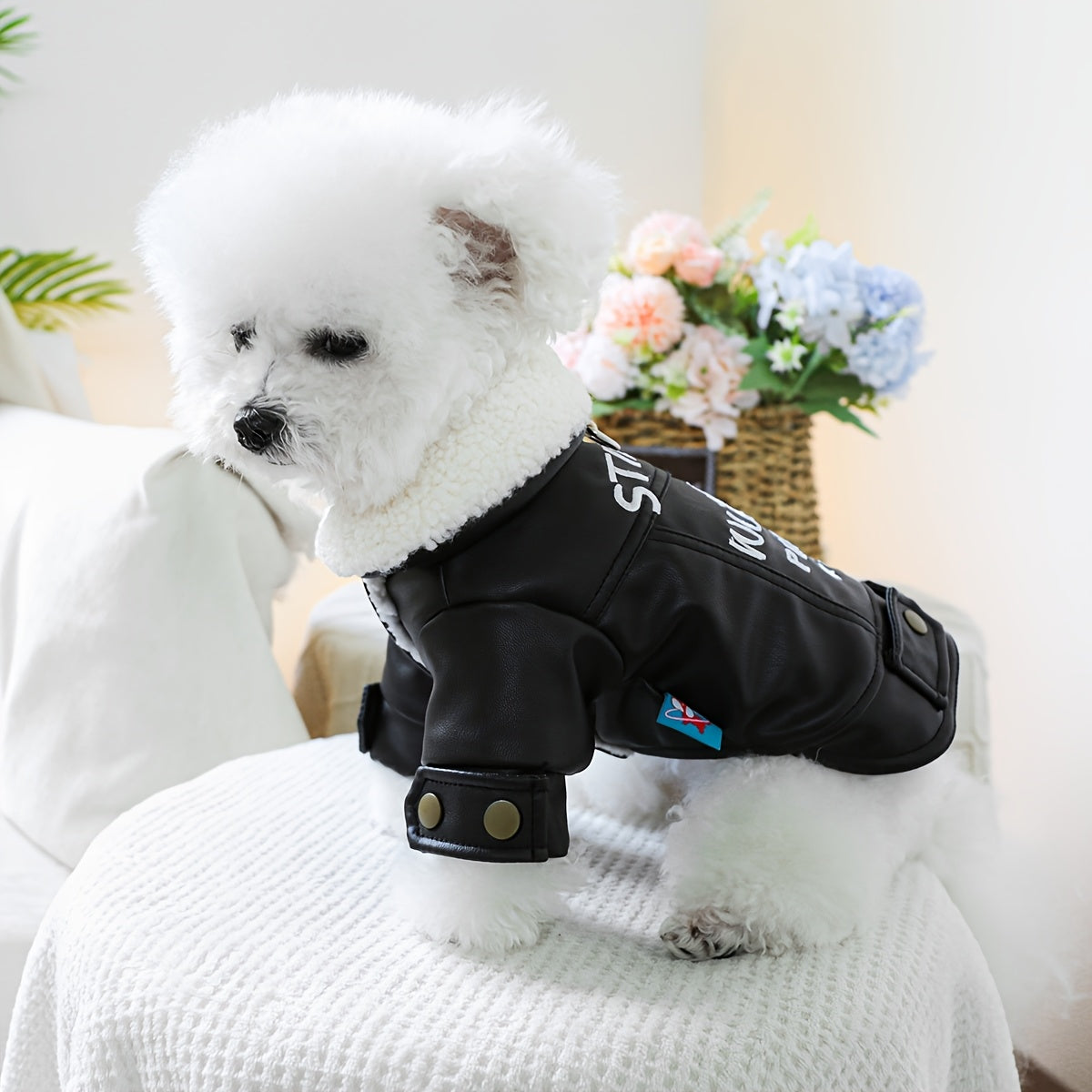 Veste Noire en Simili Cuir pour Chiens et Chats – Look Motard avec Doublure Mouton