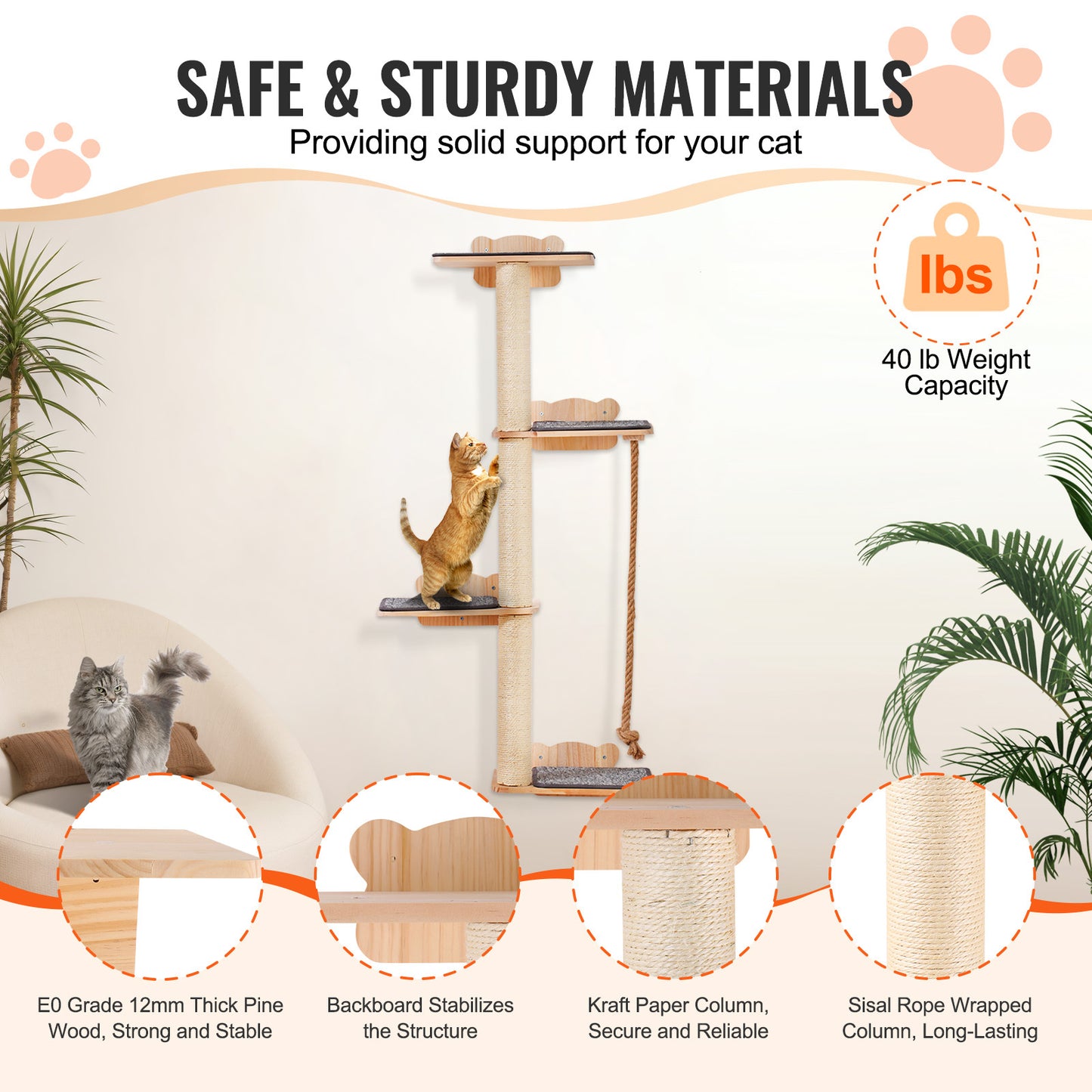 Arbre à Chat Mural 4 Niveaux en Bois avec Plateformes et Corde