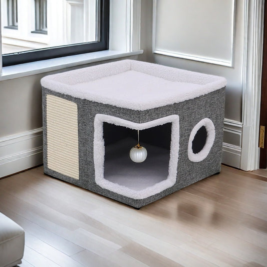 Maison Cube Multifonction pour Chats avec Aire de Jeu