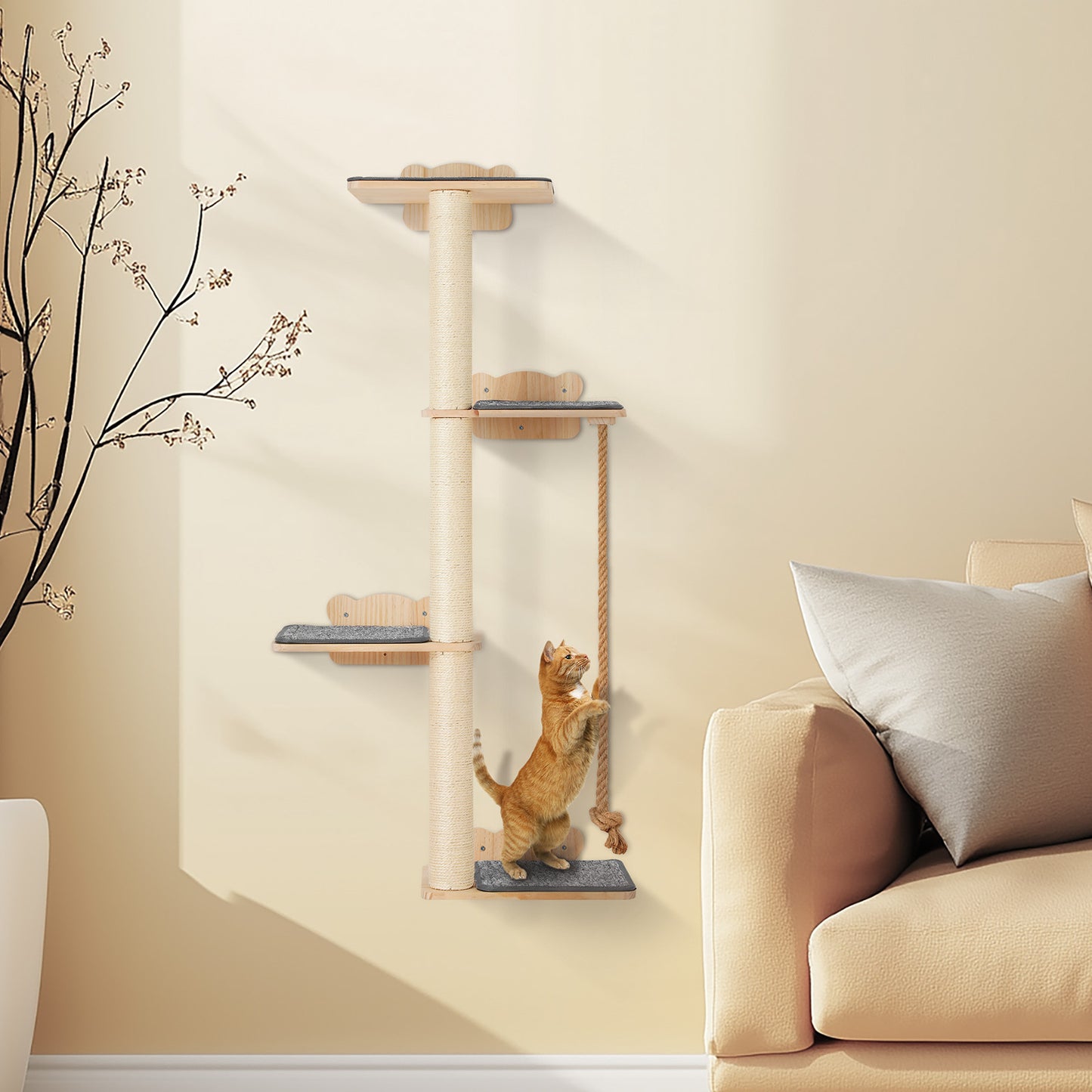 Arbre à Chat Mural 4 Niveaux en Bois avec Plateformes et Corde