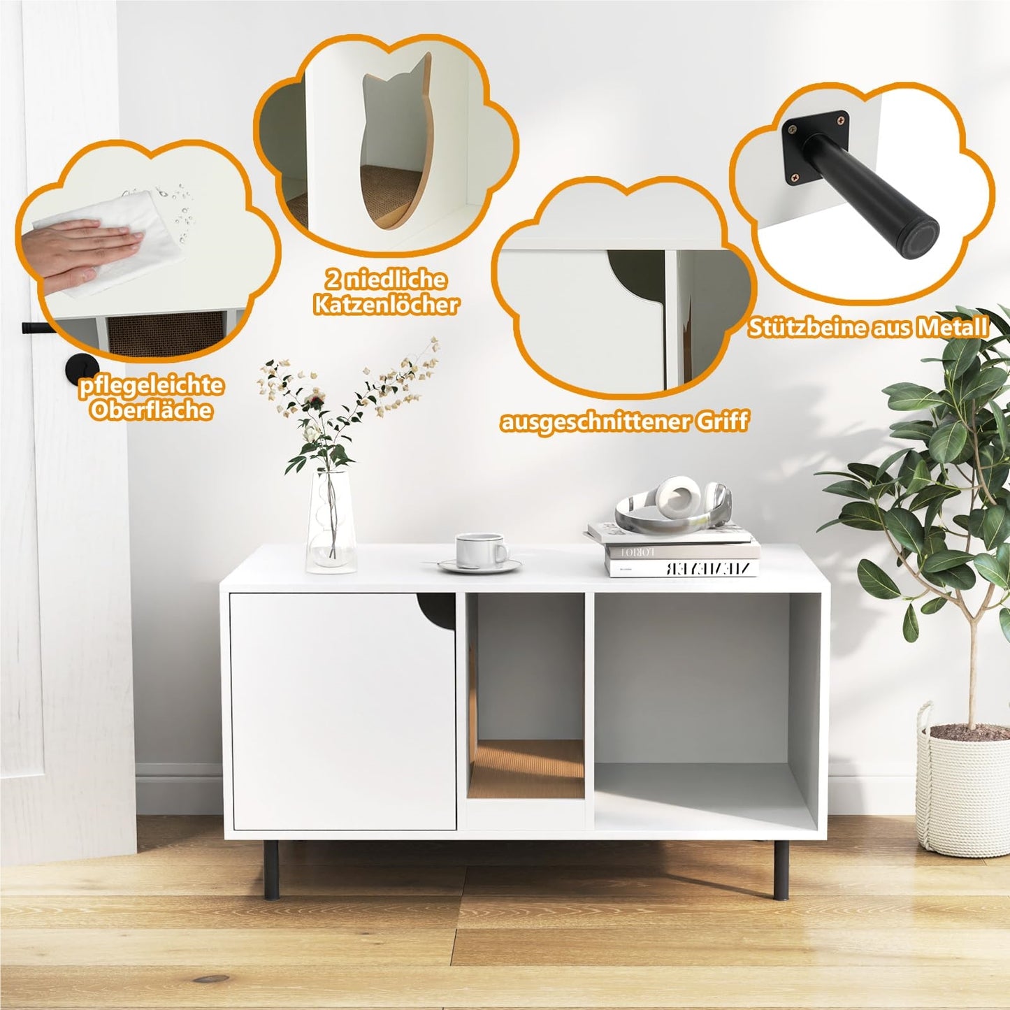 Meuble pour Chat avec Litière Cachée et Griffoir – Blanc 100 cm