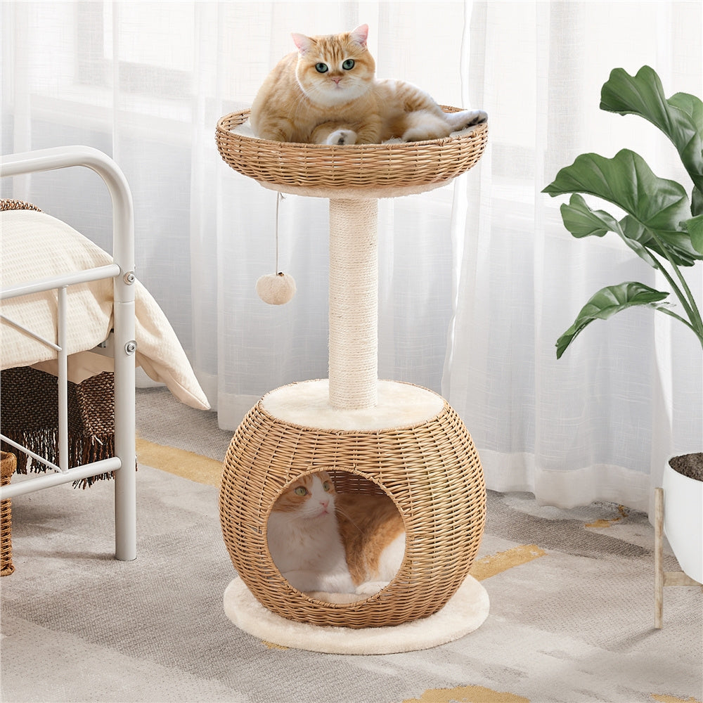 Arbre à Chat en Rotin avec Niche Ronde et Panier Supérieur