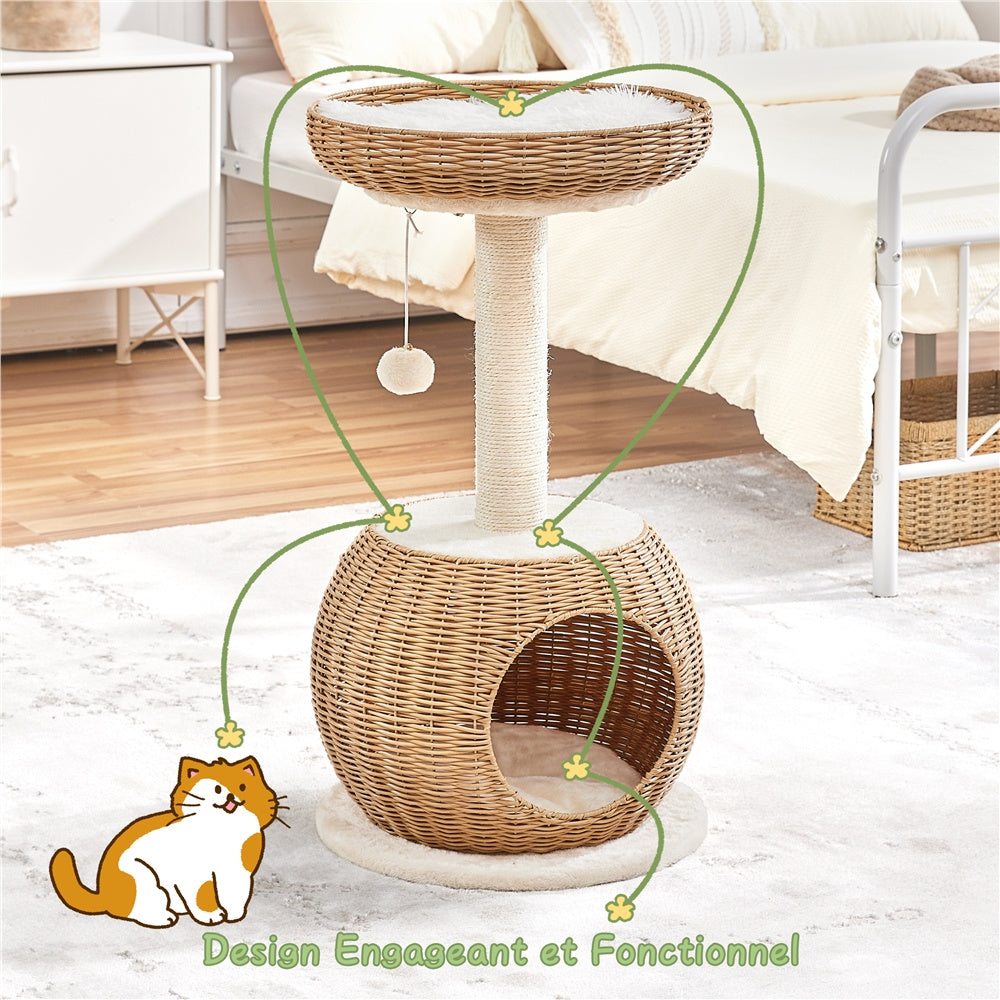 Arbre à Chat en Rotin avec Niche Ronde et Panier Supérieur