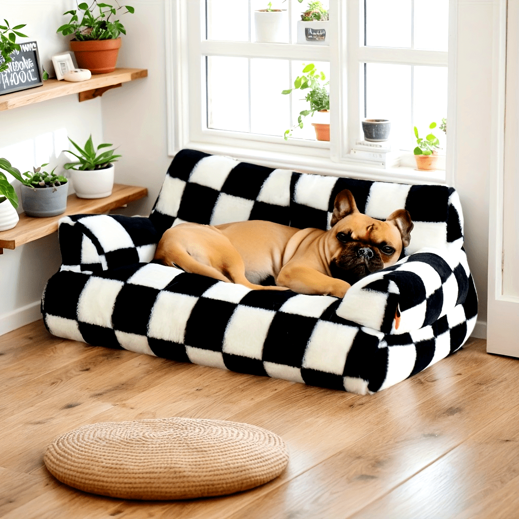 Canapé en peluche à carreaux pour chien et chat